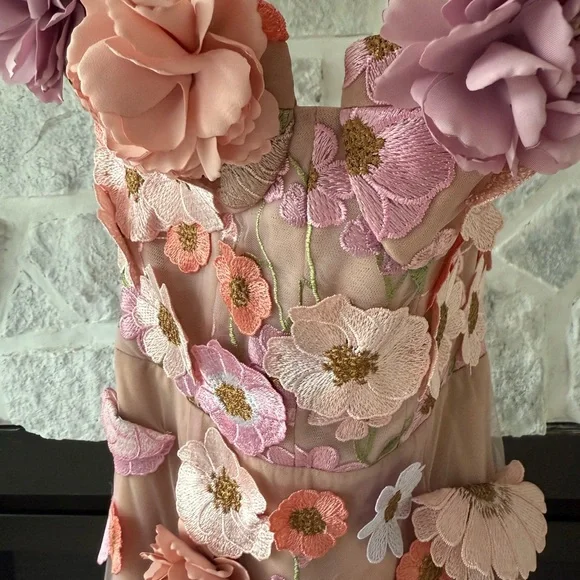 Floral Mesh Gown with 3D Flowers - Picture 6 of 9